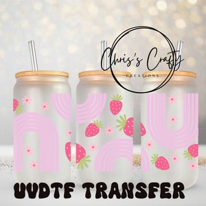 UVDTF Wrap Boho fraise arc-en-ciel 16 oz canette gobelet en verre, prêt à poser, adhésif imperméable permanent, à ajouter sur le verre de la boîte