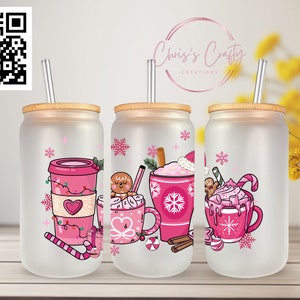 Emballage UVDTF de café glacé rose de Noël pour boîte de 16 oz, gobelet en verre, prêt à poser, adhésif imperméable permanent, option double face