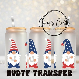 UVDTF 4 de julio Gnomos Día de la Independencia para vaso de vidrio de 16 oz, listo para aplicar, adhesivo permanente impermeable, aplicar a la taza