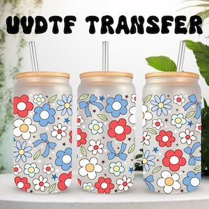 Emballage UVDTF Fleurs rétro du 4 juillet pour boîte de 16 oz, gobelet en verre, prêt à poser, adhésif imperméable permanent, option double face