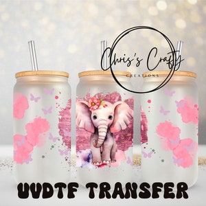 UVDTF Wrap Elephant Floral 16 oz canette gobelet en verre, emballage éléphant, prêt à appliquer, adhésif permanent permanent