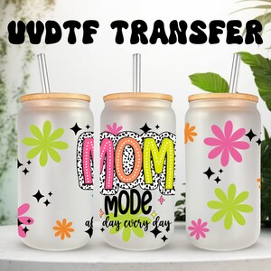 UVDTF Wrap rétro mom mode dalmatien points 16 oz canette gobelet en verre, cadeau pour maman, prêt à poser, adhésif imperméable permanent