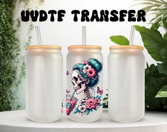 UVDTF Decal Retro Skeleton Girl Iced Coffee 16oz Can Glass Mug Tumbler, Ready to Apply, Permanent Waterproof Adhesive, add on a cup