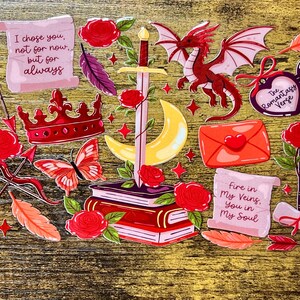 Romantic Fantasy UV DTF Cup Wrap, 16oz Can Glass, Red Dragon, Roses, Books, Butterflies