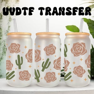 UVDTF-wrap Boho Desert Rose Cactus 16oz blikje glas, mok, beker, cactuswrap, klaar om aan te brengen, permanent zelfklevend waterdicht, kopje toevoegen