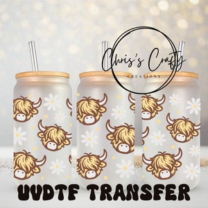Emballage UVDTF Highland Cow Daisies pour boîte de 16 oz, gobelet en verre, prêt à poser, adhésif imperméable permanent, ajout sur une tasse