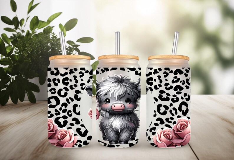 UVDTF Wrap Highland Cow Roses Leopard Print 16oz Can Glass Mug Tumbler ...