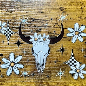 UVDTF Wrap Daisy Butterfly Cow Skull pour boîte de 16 oz, gobelet en verre, prêt à poser, adhésif imperméable permanent, option double face