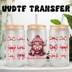 Emballage UVDTF Highland Cow Valentine Howdy boîte de 16 oz, gobelet en verre, film de la Saint-Valentin, prêt à poser, adhésif imperméable permanent