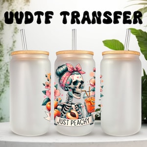 Décalcomanie UVDTF Retro Skeleton Just Peachy 16 oz, gobelet ou mug en verre de 40 oz, prêt à poser, adhésif imperméable permanent, à ajouter sur une tasse