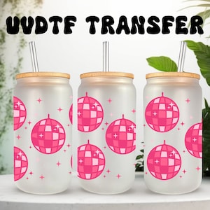 UVDTF Wrap rose boule disco 16 oz canette gobelet en verre, prêt à poser, adhésif imperméable permanent, ajouter sur un verre de canette