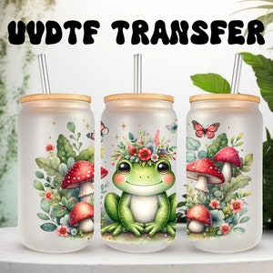 Emballage UVDTF Grenouille mignonne, champignons rouges, boîte de 16 oz, gobelet en verre, emballage grenouille, prêt à poser, adhésif imperméable permanent