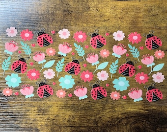 UVDTF Wrap Lady Bug Flowers 16oz Can Glass Mug Tumbler, Ready to apply, Permanent Waterproof Adhesive, Add on a Cup