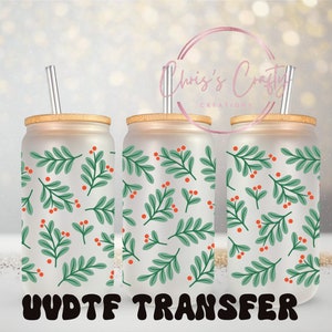 UVDTF Wrap Green Holly Weihnachten 16 Unzen Dose Glasbecher Becher, gebrauchsfertig, wasserdicht, permanent klebend, doppelseitige Option