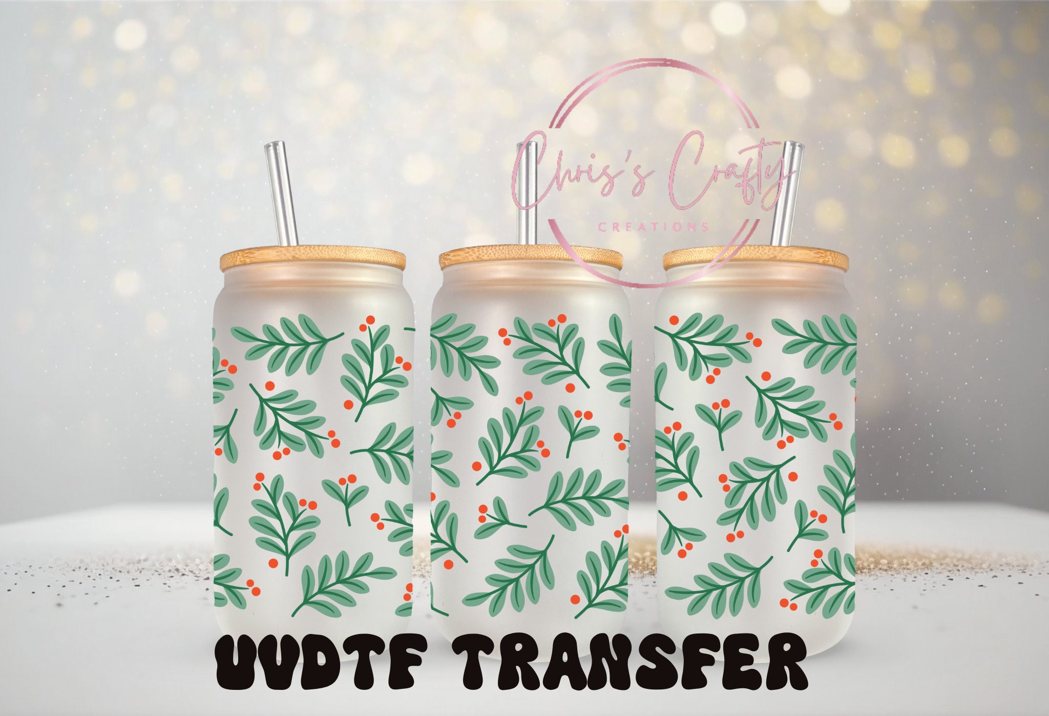 UVDTF Wrap Green Holly Christmas 16oz Can Glass Mug Tumbler, Ready to apply, Waterproof Permanent Adhesive, Double sided Option