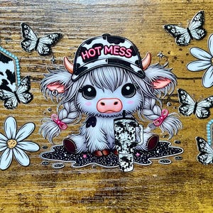 Emballage UVDTF Highland Cow Hot Mess boîte de 16 oz, gobelet en verre, prêt à poser, adhésif imperméable permanent