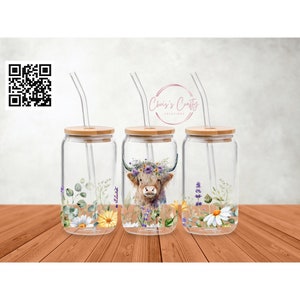 UV DTF 16 oz Can Glass Wrap ccc Exclusive Highland Cow Wild Flowers Daisies | Ready to use | Permanent Waterproof Adhesive