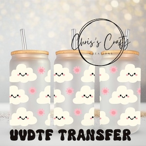 UVDTF Wrap, jolies fleurs de nuages, boîte de 16 oz, gobelet en verre, prêt à l'emploi, adhésif imperméable permanent, à ajouter sur le verre de la boîte