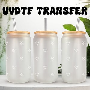 UVDTF Wrap blanc mini coeurs 16 oz, boîte en verre, mug, option d'impression recto-verso, prêt à poser, adhésif imperméable permanent