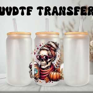 Autocollant UVDTF, squelette d'automne, citrouille, café glacé, canette de 16 oz, gobelet en verre, prêt à poser, adhésif imperméable permanent