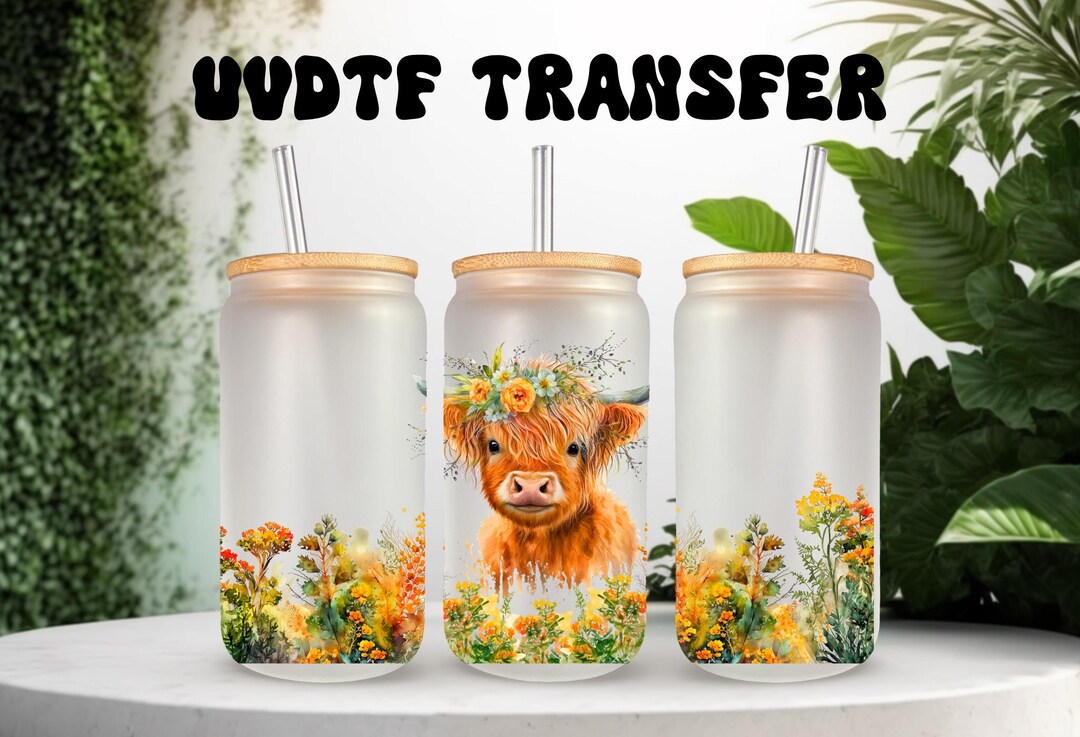 UVDTF Wrap Highland Cow Floral 16oz Can Glass Mug Tumbler, Cow Flowers ...