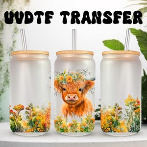 UVDTF Wrap Highland Cow Floral 16 oz canette gobelet en verre, fleurs de vache, prêt à poser, adhésif imperméable permanent