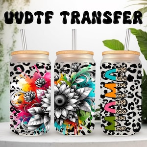 Emballage UVDTF Floral Mama, imprimé léopard, boîte de 16 oz, tasse en verre, emballage pour gobelet, emballage d'oies, prêt à poser, adhésif permanent