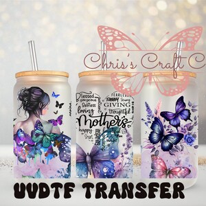 Emballage UVDTF Mother's Love pour un gobelet en verre de 16 OZ. Mother Wrap, prêt à poser, adhésif imperméable permanent