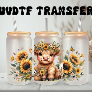 Emballage UVDTF Highland Cow Daisies, boîte de 16 oz jaune, emballage pour gobelet, prêt à poser, adhésif permanent, option recto-verso