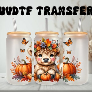 Emballage UVDTF mignon vache citrouille automne 16 oz, boîte en verre, emballage pour gobelet mug, emballage de vache, prêt à appliquer, adhésif permanent, option double face