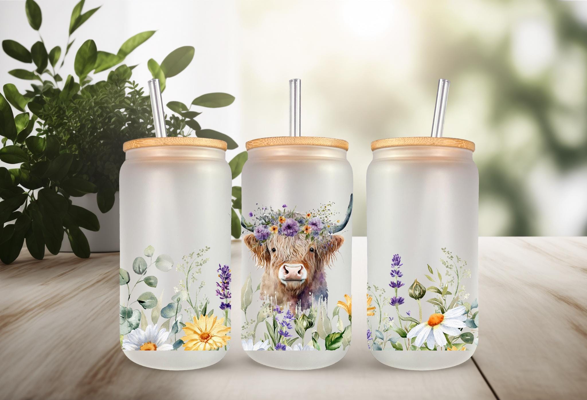 UVDTF Highland Cow Wild Flowers Daisies 16oz Can Glass Mug Tumbler, Cow ...