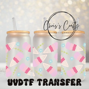 Emballage UVDTF Fleurs de crème glacée pour boîte de 16 oz, gobelet en verre, prêt à poser, adhésif imperméable permanent, option double face