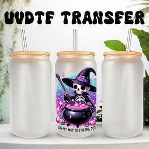 Décalcomanie UVDTF sorcière ici pour remuer le pot en verre de 16 oz ou un verre de 40 oz, prêt à poser, adhésif imperméable permanent, ajoutez sur une tasse