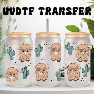 UVDTF Wrap Highland Cow Cactus para lata de vidro de 16 onças, pronto para aplicar, adesivo permanente à prova d'água