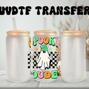 Sticker UVDTF Ghost Spooky Dude Boîte de 16 oz, gobelet ou mug en verre de 40 oz, prêt à poser, adhésif imperméable permanent