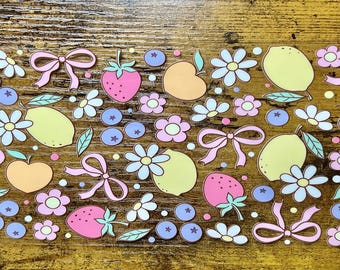Fruit UVDTF Wrap Lemon Strawberry Blueberry Daisy Bow 16oz Glass Can Permanent Adhesive Decal