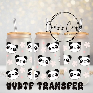 UVDTF Wrap Cute Pandas 16oz Can Glass Mug Tumbler, Panda Wrap, Pronto para aplicar, Adesivo permanente à prova d'água, Opção de impressão frente e verso