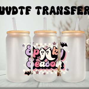 Décalcomanie UVDTF Spooky Season Fantôme en verre de 16 oz ou verre de 40 oz, décalcomanie d'Halloween, prête à poser, adhésif imperméable permanent