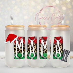 Pellicola UVDTF Christmas Mama Block Leopard per tazze e bicchieri in vetro da 16 once, pronta per l'applicazione, adesivo permanente impermeabile