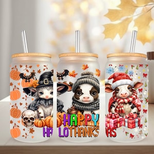 Emballage UVDTF Cows Happy Hallothankmas 16 oz, mug en verre, prêt à poser, adhésif permanent, option double face