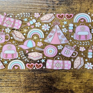 UVDTF Wrap Girly Camp, lata de 16oz, copo de vidro, pronto para aplicar, Camp Wrap, adesivo permanente à prova d'água