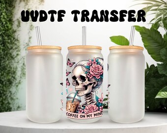 Retro Skeleton Coffee UVDTF Decal Ready to Apply 16oz Can Glass Wrap DIY Cup