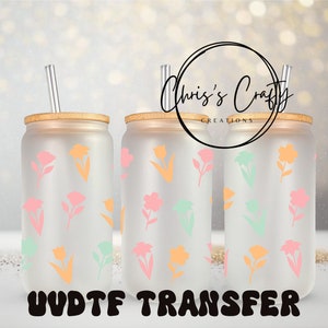 UVDTF wrap lente pastel bloemen 16oz blikje glazen mok beker, lentebloemen, klaar om aan te brengen, permanente waterdichte lijm