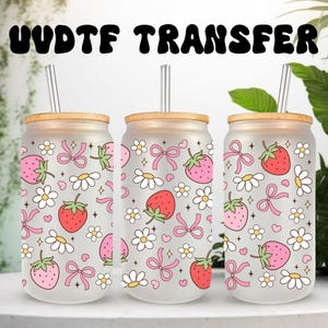 Emballage UVDTF fraise marguerite, boîte de 16 oz, tasse en verre, emballage fraise, prêt à poser, adhésif imperméable permanent