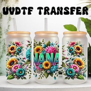 Emballage UVDTF Floral Nana pour boîte de 16 oz, gobelet en verre, emballage grand-mère, prêt à poser, adhésif imperméable permanent