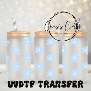UVDTF wrap Boho Blue Daisy voor 16oz blikje glazen mok beker, Daisy Wra, klaar om aan te brengen, permanente lijm, waterdicht, dubbelzijdig optie