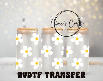 Calcomanía floral impermeable para vaso de vidrio Libbey de 16 oz con envoltura UVDTF permanente Boho Daisy
