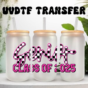 Emballage UVDTF senior 2025 à carreaux pour canette de 16 oz, gobelet mug, diplômé 2025, prêt à poser, adhésif permanent, exclusivité