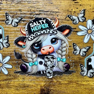 Emballage UVDTF vache Highland Salty Heifer boîte de 16 oz, tasse en verre, emballage pour gobelet, impression de vache, prêt à poser, adhésif imperméable permanent