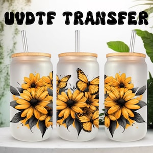 Emballage UVDTF, marguerites jaunes, papillons, boîte de 16 oz, emballage pour gobelet, prêt à poser, adhésif permanent, option double face